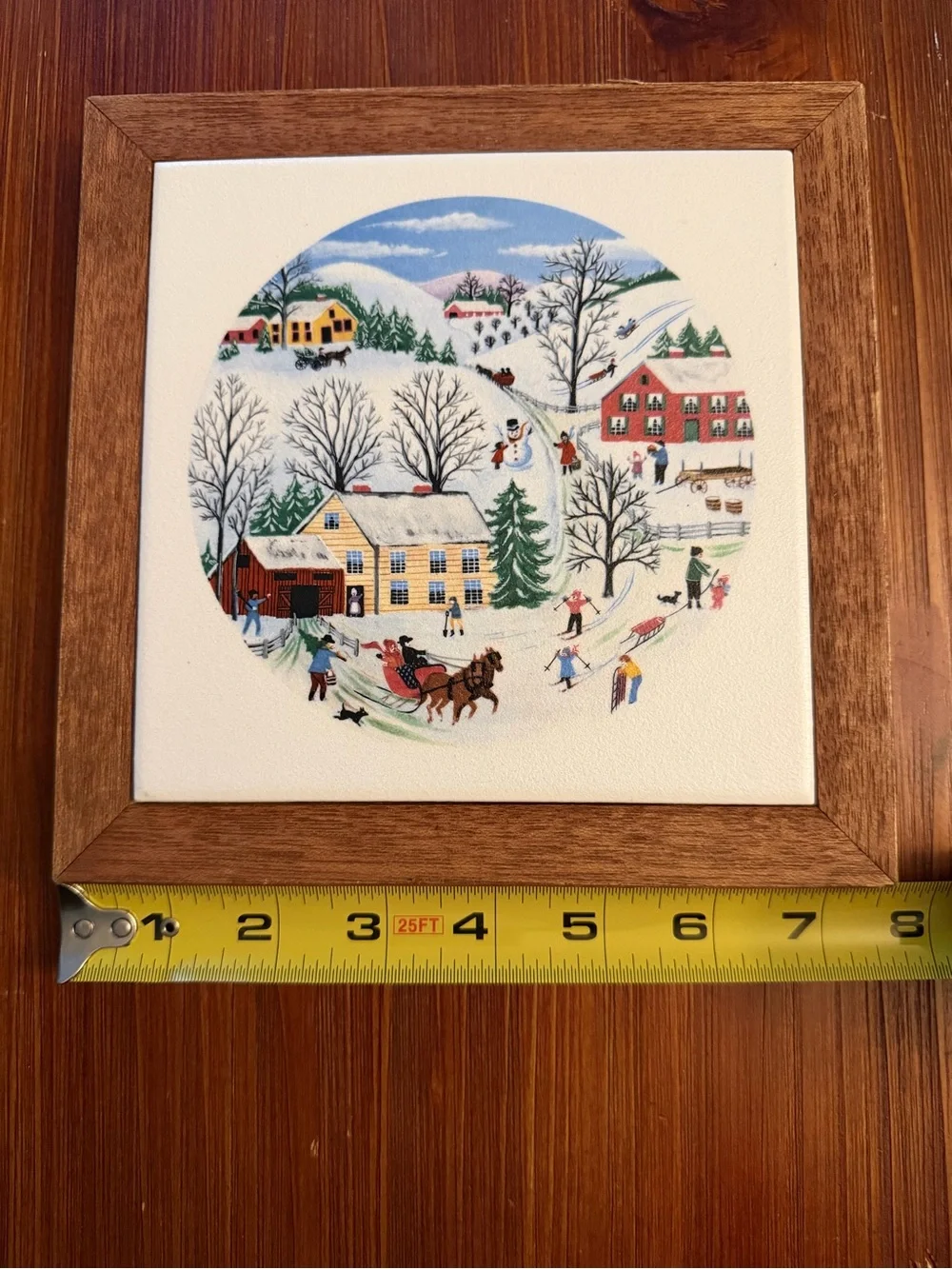 Framed Folk Art Country Scene trivet/wall art tile in a Wood Frame - Multicolori